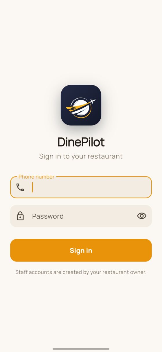 DinePilot staff sign-in screen