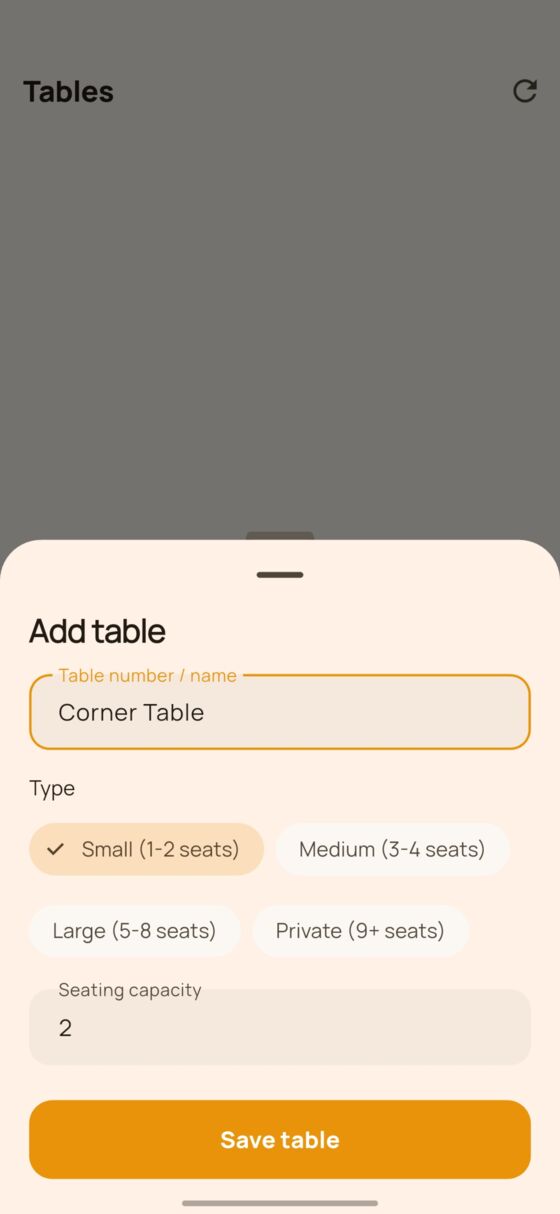 DinePilot add table sheet with table type and seating capacity