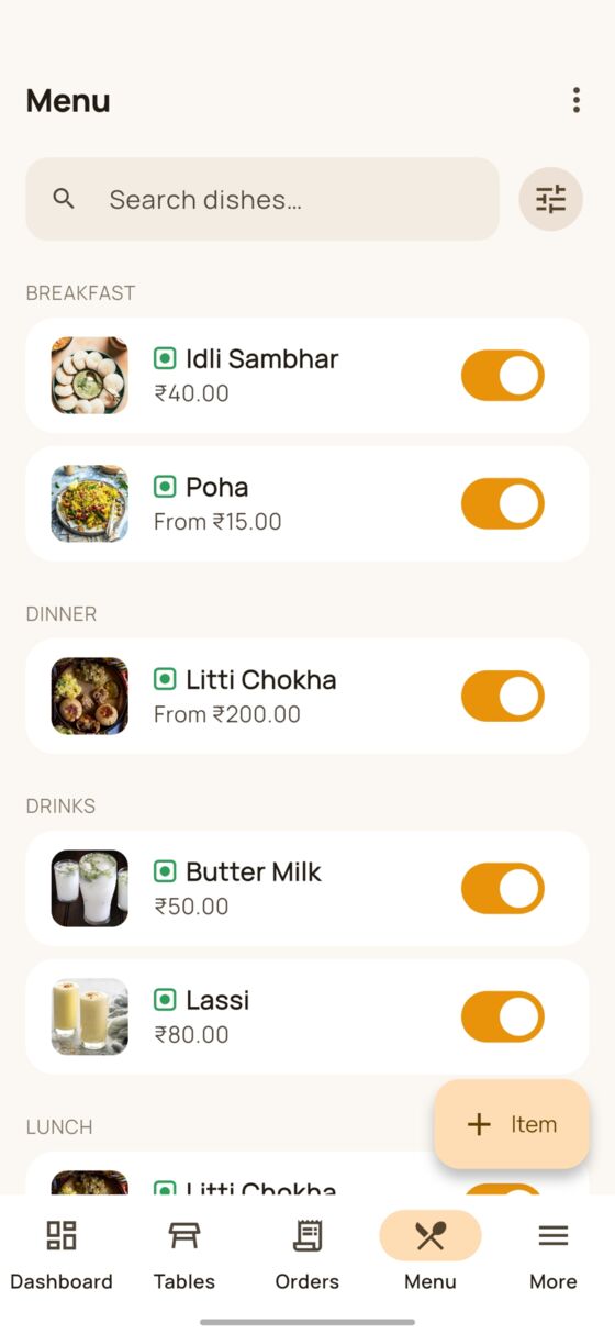 DinePilot menu management screen listing dishes by category with availability toggles