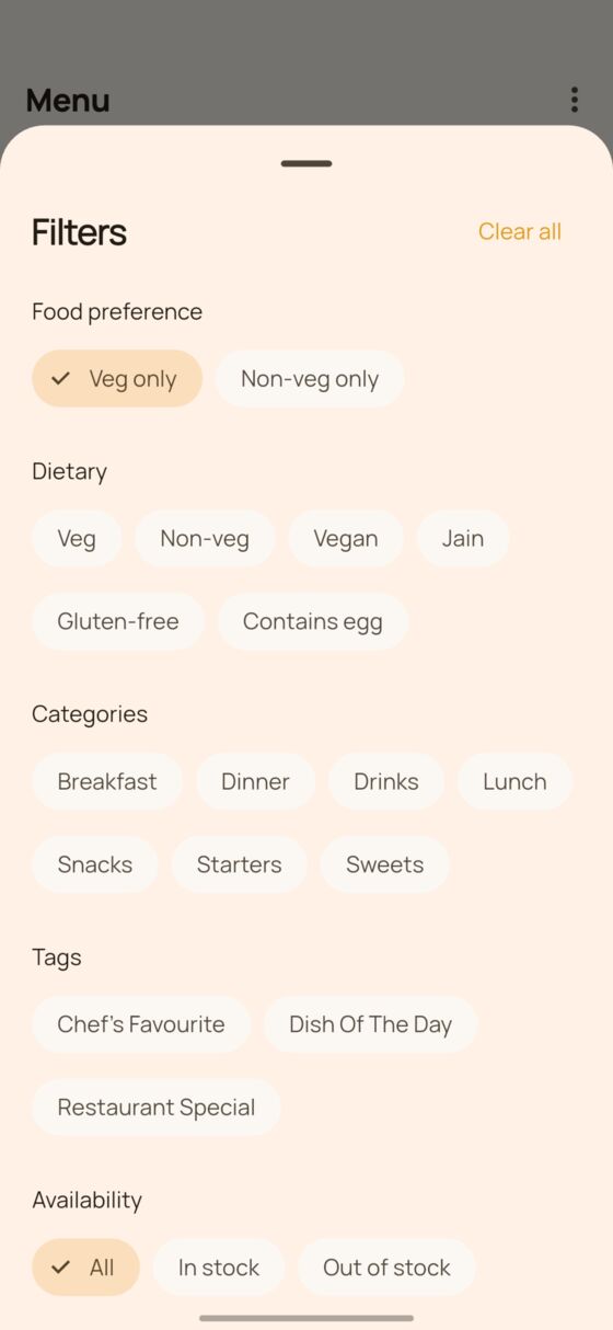 DinePilot menu filters for food preference, dietary tags and categories