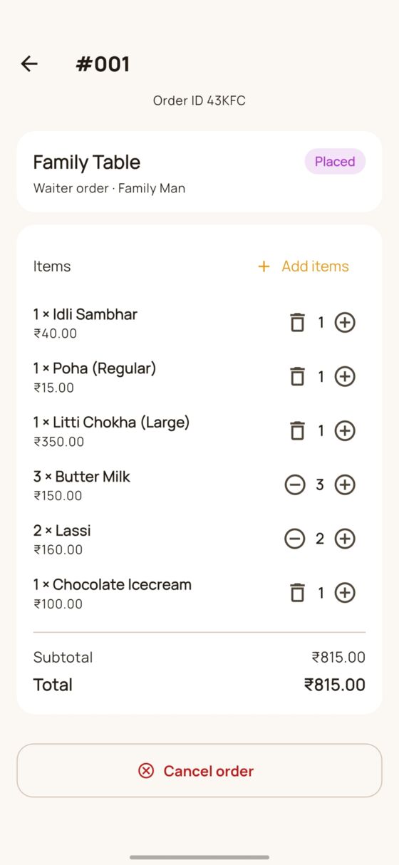 DinePilot order detail with itemised lines and quantity controls