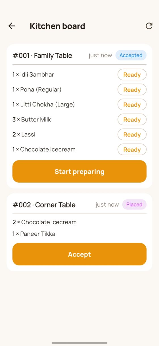 DinePilot kitchen board showing two live order tickets with per-item ready buttons