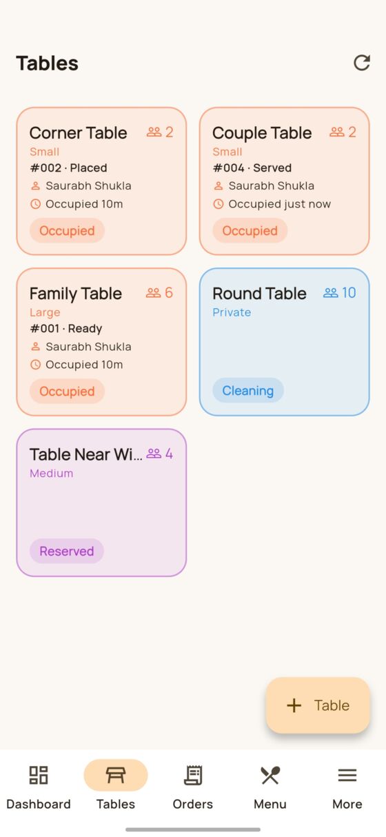 DinePilot table grid showing occupied, cleaning and reserved tables colour-coded by status