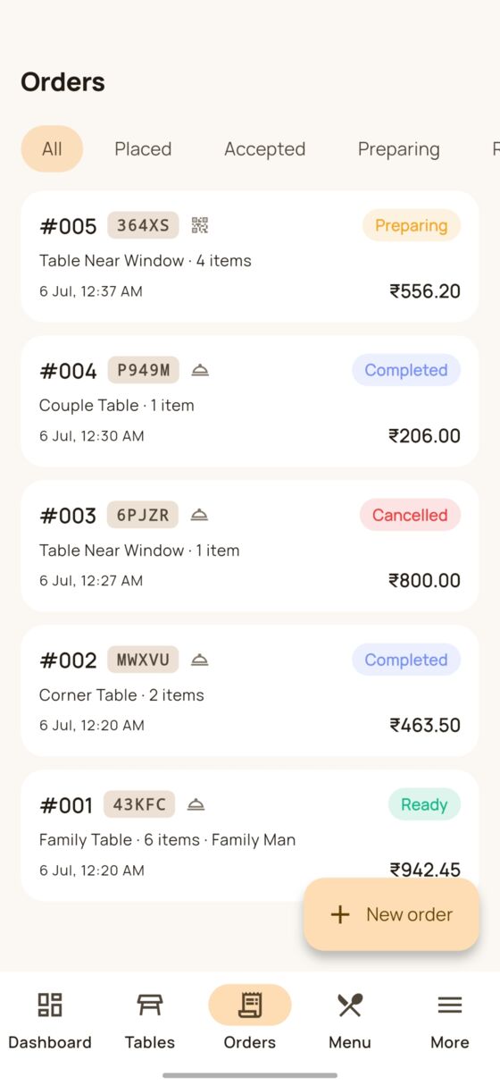 DinePilot orders list filtered by status