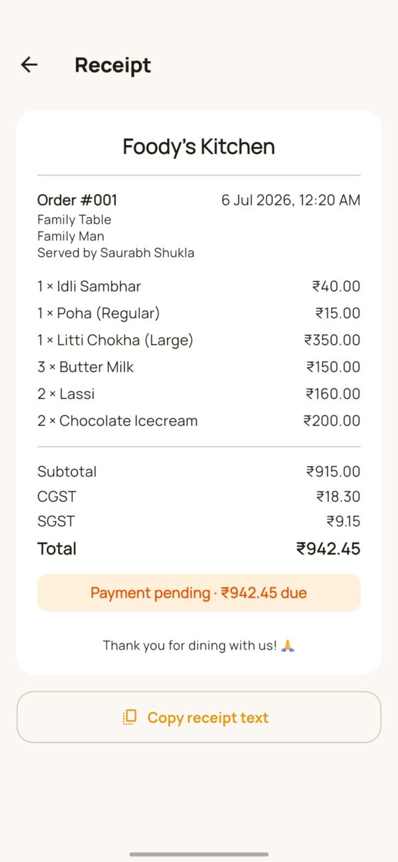DinePilot receipt with itemised order, CGST, SGST and total