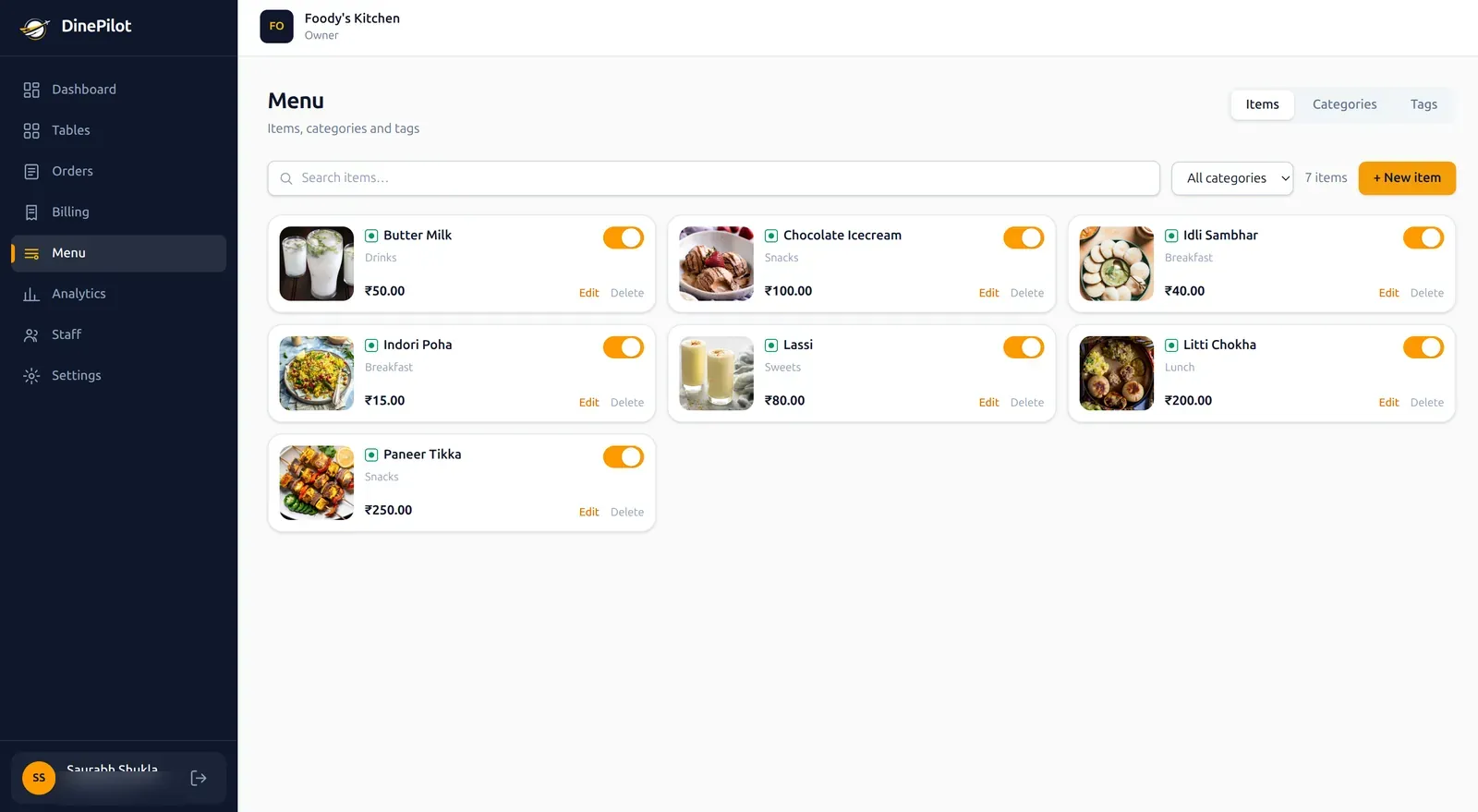 DinePilot web menu management screen with dishes grouped by category, prices and availability toggles