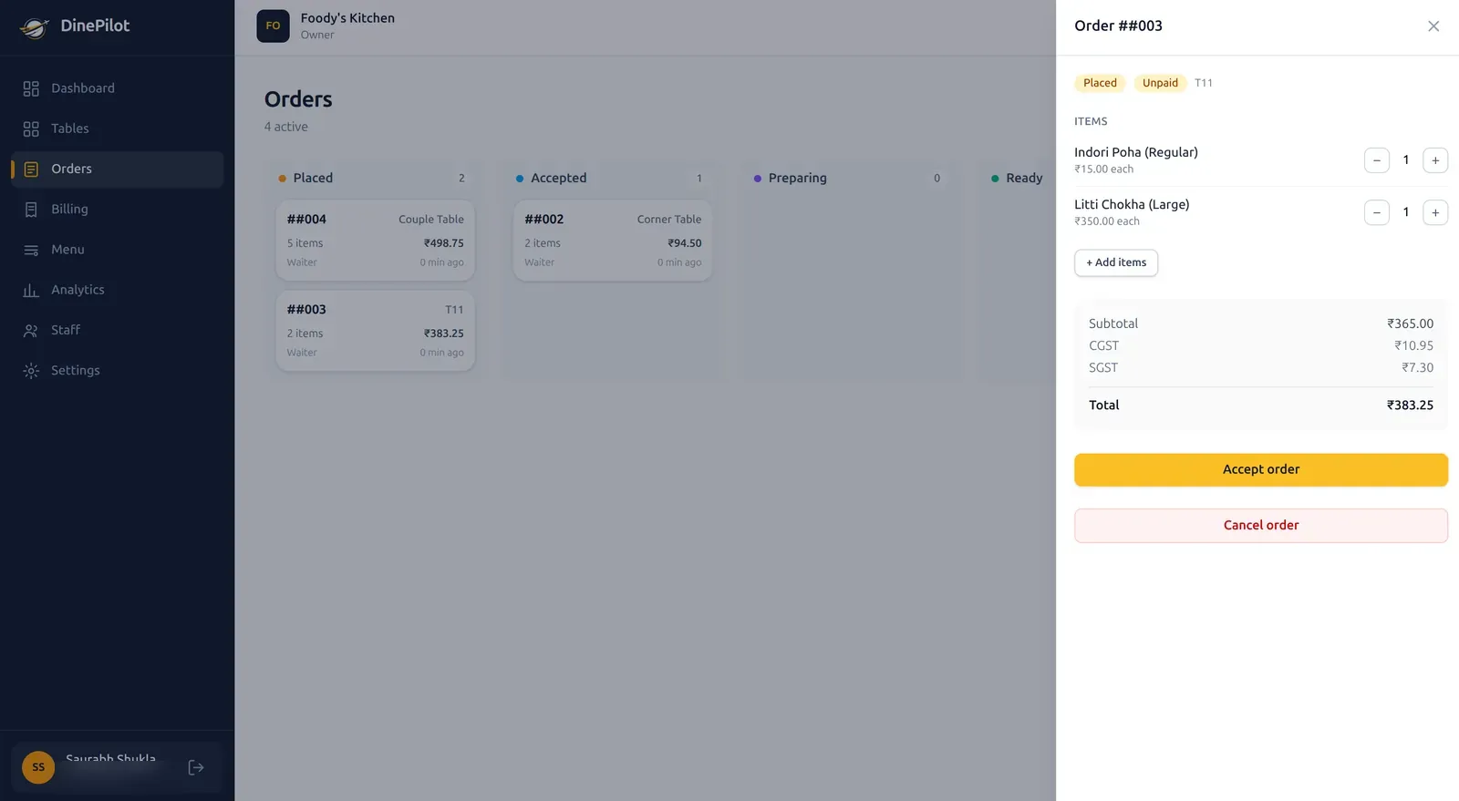 DinePilot web order management board with orders moving across Placed, Accepted, Preparing and Ready columns