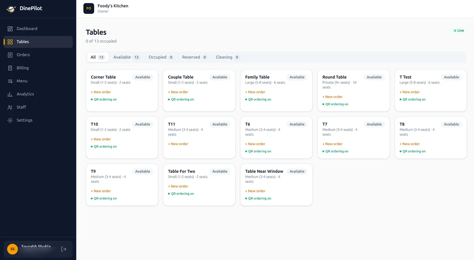 DinePilot web table management grid showing every table with available, occupied, reserved and cleaning status and QR ordering