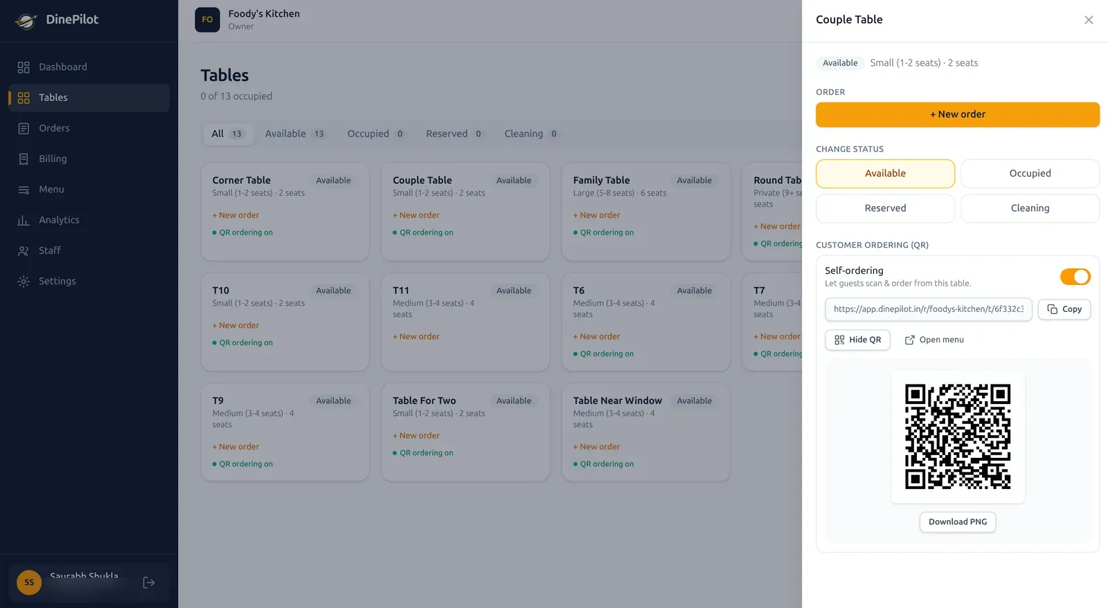 DinePilot web admin panel generating a per-table QR code so guests can scan and self-order from their phone